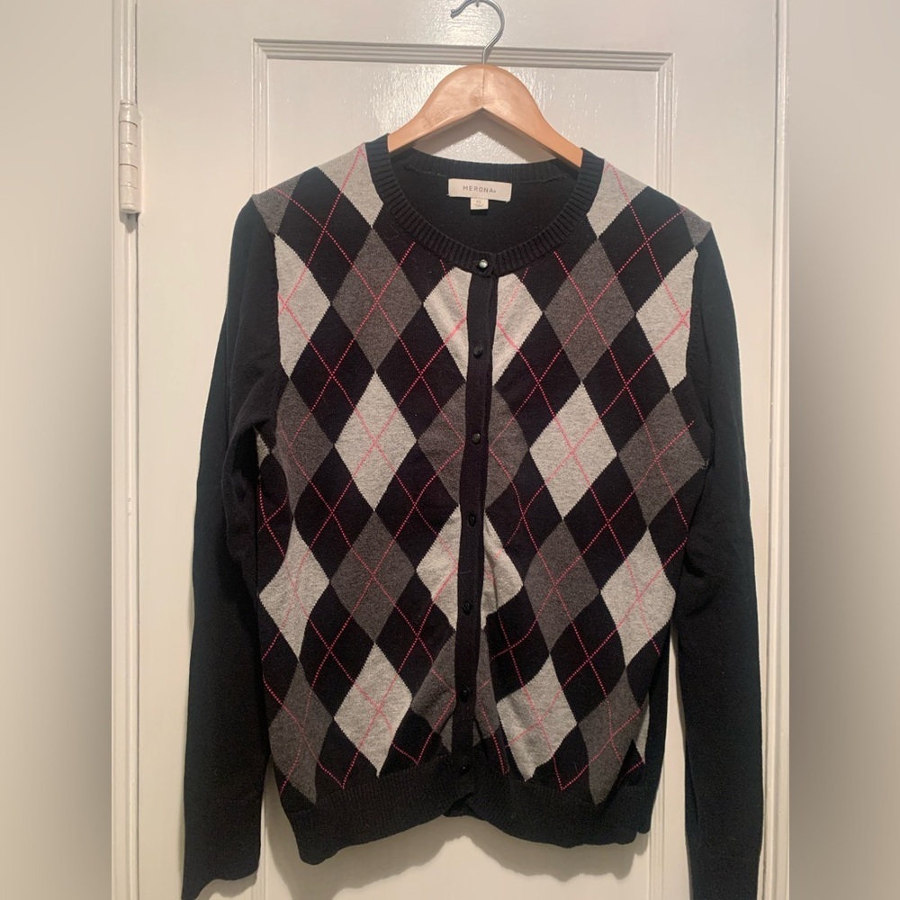 Merona Black Gray Fuchsia Argyle Preppy Cotton Cardigan XL
